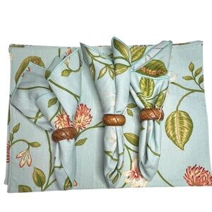 Set of 3 Blue Floral Placemats & Napkins /Brown Wooden Napkin Rings